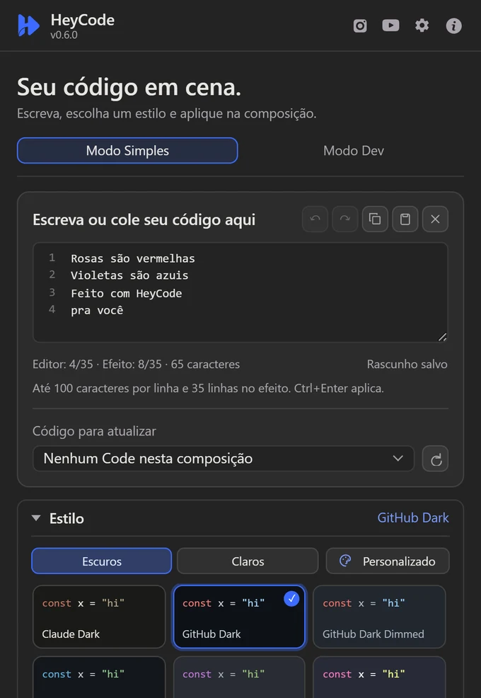 Painel do HeyCode